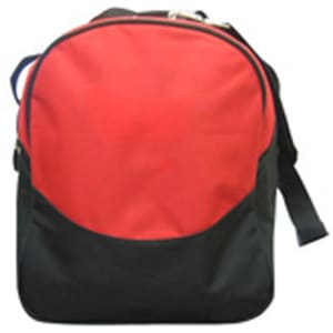 A red and black duffle bag with a zipper and adjustable strap, featuring a logo on the front.