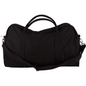 A black cotton canvas sports bag featuring dual handles and an adjustable shoulder strap. It has a logo on the front.