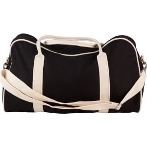 A black cotton canvas sports bag with cream handles and adjustable shoulder strap, featuring a logo.