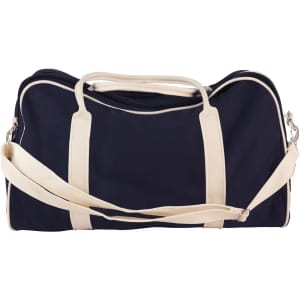 A navy cotton canvas duffle bag with cream-coloured straps and a logo.