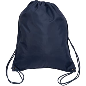 A navy blue swim backpack with drawstring closures and shoulder straps. It features a simple design and a logo.