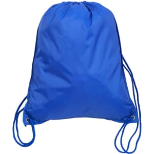 A blue swim backpack with drawstring closure and matching cords, featuring a logo on the front.