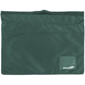 A green satchel with a simple design and a logo in the corner.