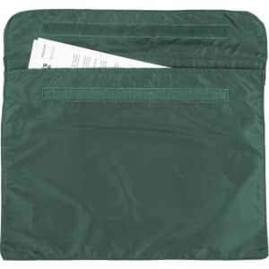 A green satchel with two pockets, featuring a velcro closure and documents inside. It has a simple, minimalist design.