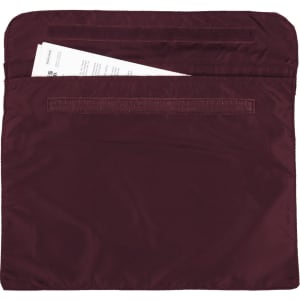 A burgundy satchel with a top opening and a rear pocket, designed for holding documents and files.