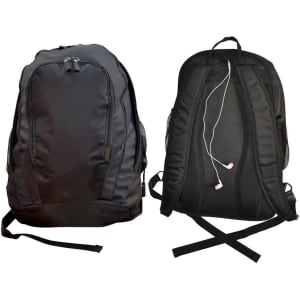 A black executive backpack featuring a sleek design and a logo, with adjustable straps and mesh panels.
