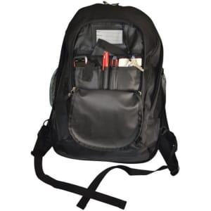 A black executive backpack featuring multiple compartments, including pockets for pens and a phone.