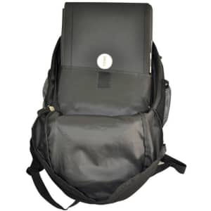 A black backpack featuring a main compartment and a laptop pocket, with a mesh side pocket.