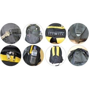 A black and yellow Climber Backpack featuring multiple pockets, straps, a drink bottle, and a logo.
