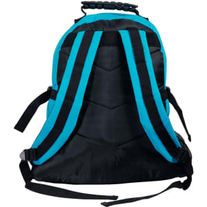 A black and teal backpack featuring adjustable straps and a top handle, with a logo on the back.
