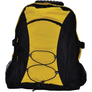 A black and yellow backpack featuring a logo, with adjustable straps and side mesh pockets.