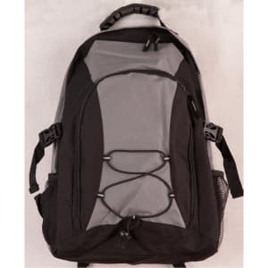 A grey and black backpack with exterior mesh pockets and bungee cord detailing. It features a logo on the front.