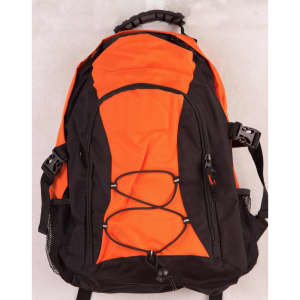An orange and black backpack with adjustable straps and a branded logo. Features a mesh pocket and bungee cord detailing.
