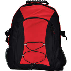 A red and black backpack with adjustable straps, mesh side pockets, and a bungee cord design on the front.