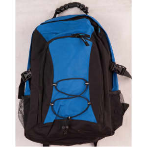 A blue and black backpack featuring multiple compartments, adjustable straps, and mesh side pockets. It has a logo.