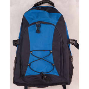 A blue and navy backpack with multiple compartments, a front bungee cord design, and side mesh pockets.