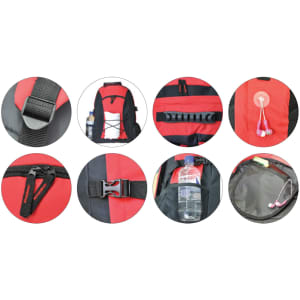 A red and black backpack featuring pockets, zippers, a water bottle, and headphone access. It has branding on the exterior.