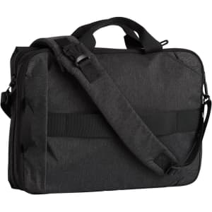 A grey laptop bag with a sturdy handle and adjustable shoulder strap, featuring a logo.