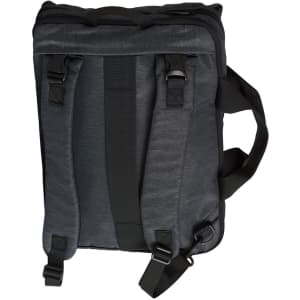 A dark grey laptop bag with adjustable straps and padded back support. It has a simple design and includes a logo.