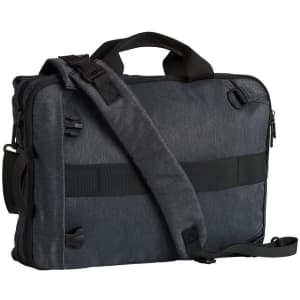 A grey laptop bag with black straps and handles, featuring a logo and adjustable shoulder strap.