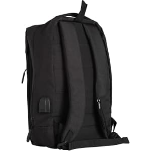 A black heather backpack with padded straps, showcasing a sleek design and a side pocket with a logo.