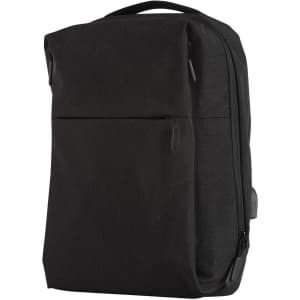 A sleek, black heather backpack with zippered compartments and a top handle, featuring a logo on the front.