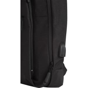 A black heather backpack featuring zippers and a side pocket, with a logo visible on the surface.
