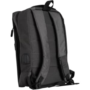 A dark grey backpack with padded straps, featuring a sleek design and a logo on the side.