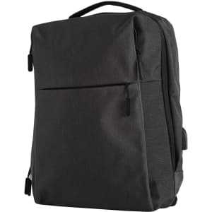 A dark grey backpack with a sleek design, featuring zippers and a handle, and includes a logo.