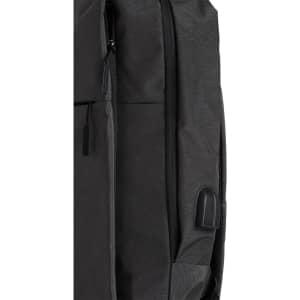 A grey backpack with a sleek design and zippers, featuring a small logo on the side.
