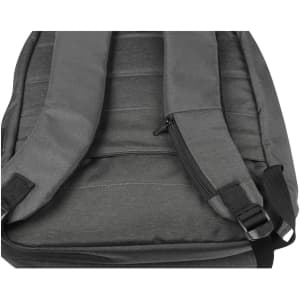 A grey backpack featuring padded straps and a side zip pocket for extra storage.
