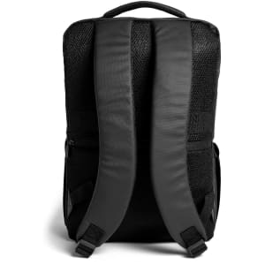 A black PU backpack featuring a mesh back and padded shoulder straps. It has a branded logo on the exterior.