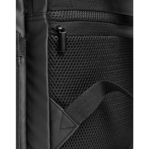 A black PU backpack featuring a textured mesh panel and a zippered pocket. It includes an adjustable strap and branding.