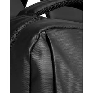 A close-up of a textured black backpack, featuring stitching and straps, with branding visible.