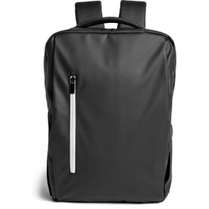A sleek black PU backpack with a front zipper pocket and padded shoulder straps. It features a logo on the side.