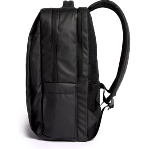 A black PU backpack with a sleek design, featuring adjustable straps and a side pocket.