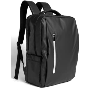 A black PU backpack featuring a front zip pocket and adjustable straps. It has a sleek, minimalistic design.