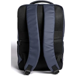 A navy and black backpack with padded straps and a mesh back for comfort. It features a logo on the front.