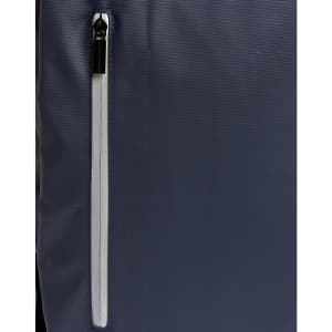 A navy backpack with a white zip pocket on the side, featuring a sleek design and a logo.