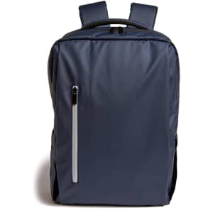 A navy blue backpack with a front zip pocket and padded shoulder straps, featuring a logo.