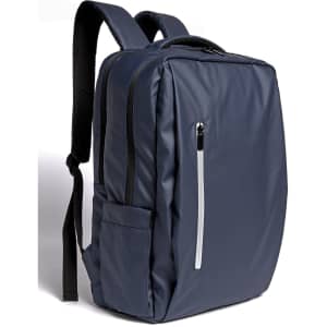 A navy blue PU backpack featuring padded straps and multiple compartments, including a front zip pocket.