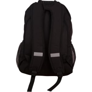 A black backpack with mesh side pockets and adjustable straps, featuring a logo on the back.