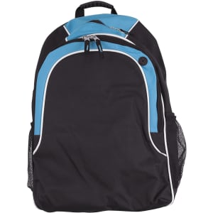A black and blue backpack featuring a mesh side pocket and a front zippered compartment, with a logo.