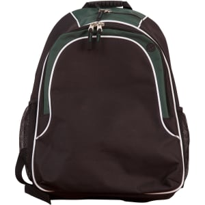 A black and green backpack with white accents and a zipper, featuring side mesh pockets and a logo.