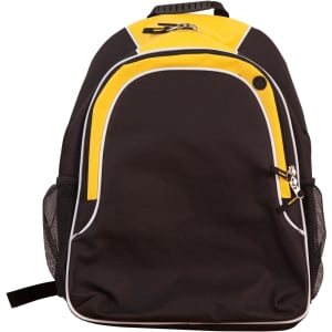 A black and yellow backpack featuring mesh side pockets and a logo on the front.