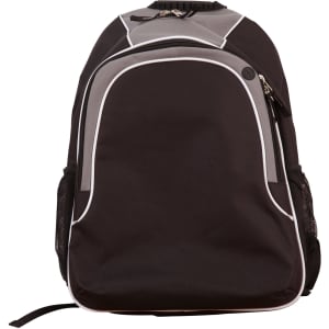 A black and grey backpack with mesh side pockets and a logo on the front.