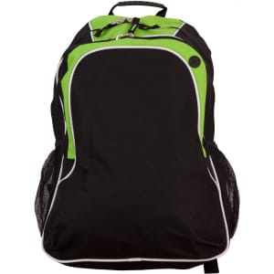 A black backpack with green accents and white detailing, featuring zippered compartments and side mesh pockets.