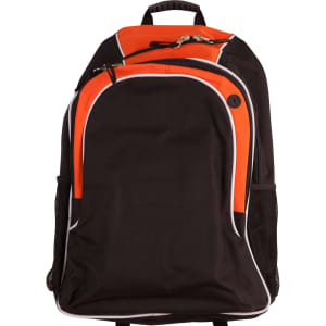 A black backpack with orange accents and white piping, featuring mesh side pockets and a logo.