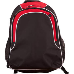 A black and red backpack with a prominent design, featuring mesh side pockets and a logo.