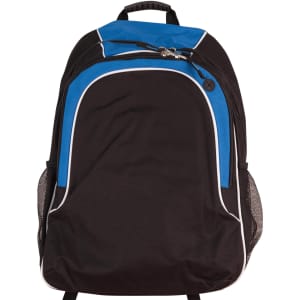 A black backpack with blue accents, featuring zippered compartments and mesh side pockets. It has a logo on the front.